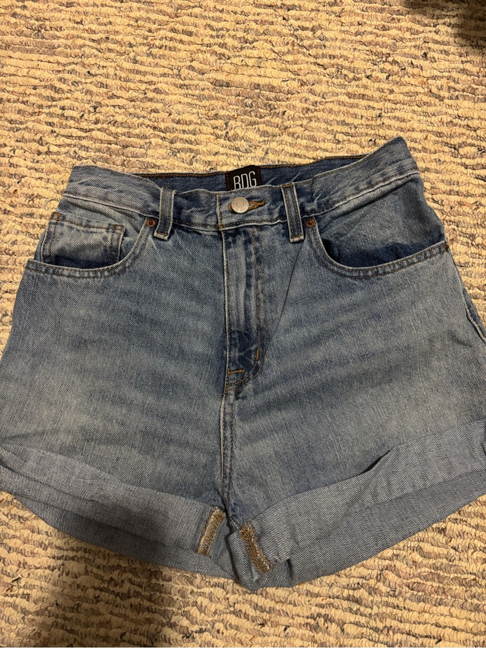 BDG Light Blue High-Rise Rolled Hem Denim Shorts
